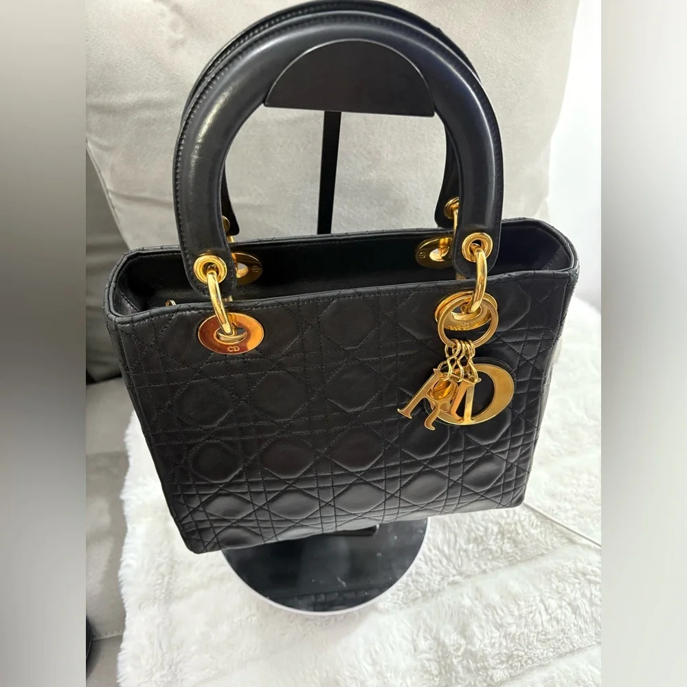 Lady Dior Medium Black Quilted Satchel with Gold Accents